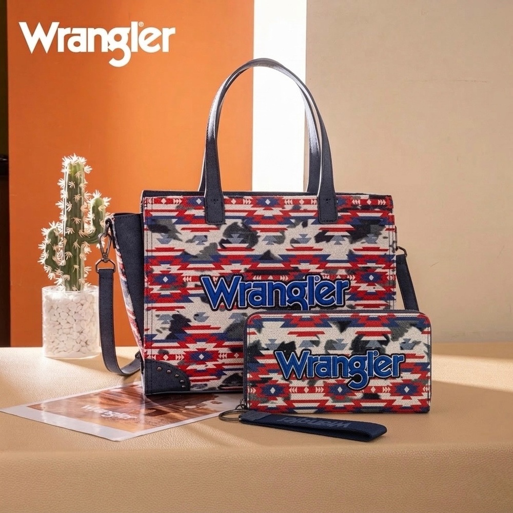 Wrangler Aztec Print Tote/Crossbody + Wallet Navy